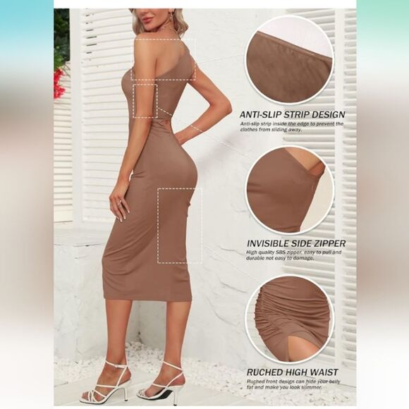 Sarin Mathews Tan One Shoulder Ruched Bodycon Midi Dress Size Large NWT - Picture 2 of 6
